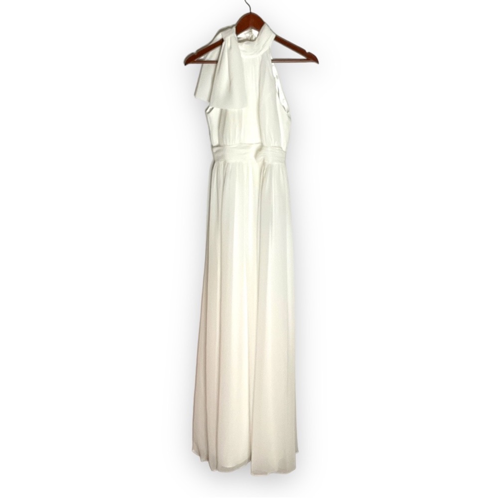 NWT Ieena for MacDuggal White High Neck Halter Gathered Bow Chiffon Maxi Gown - Picture 5 of 12